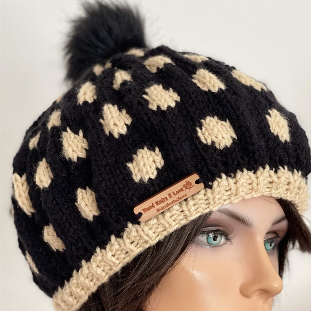Hand Knits 2 Love Beanie Hat Polka Dots Designer